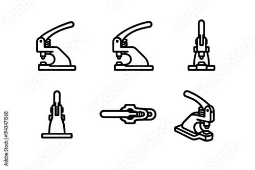 A set of six minimalist line icons illustrating a manual hand press machine from multiple angles, including side, front, and top views, presented in a clean style.