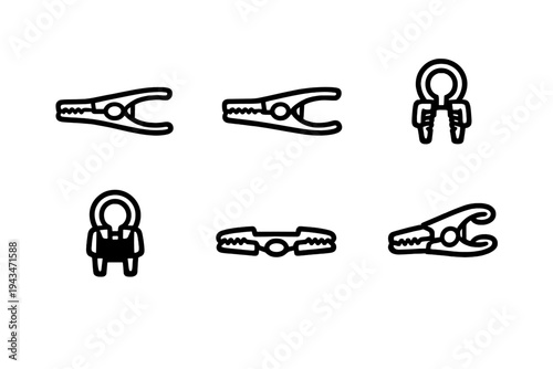 A collection of six minimalist clothespin icons shown in various angles and styles. These white line art illustrations are presented on a solid black background for high contrast.