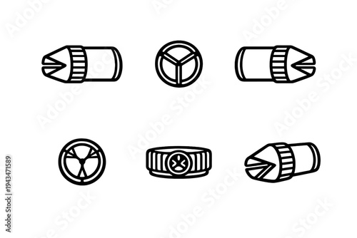 This technical drawing displays various perspectives of a mechanical part. It features detailed line art showing side, end, and isometric views of a cylindrical component.