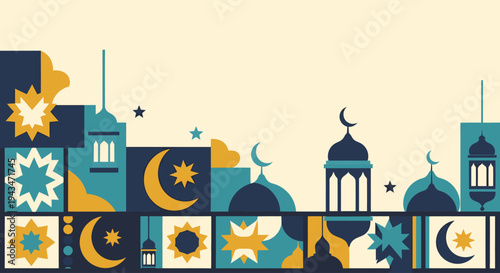 Islamic architecture cityscape with mosque elements.