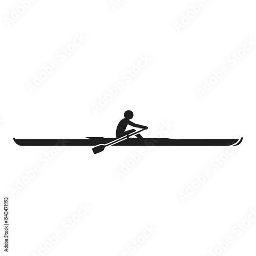 Clean vector silhouette icon featuring a single individual actively rowing a scull boat, symbolizing competitive water sport, fitness, and athletic dedication