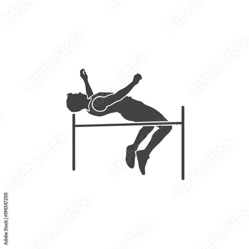 Minimalist silhouette illustration of a high jumper athlete successfully clearing the bar during a track and field competition event, showcasing agility and athletic performance