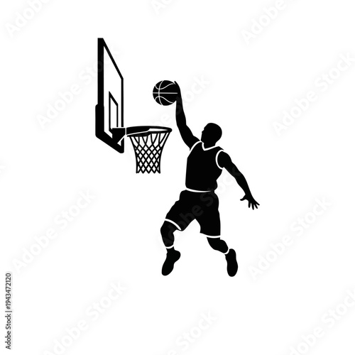 Silhouette of a basketball player performing a slam dunk, showcasing athletic movement and the thrill of the game