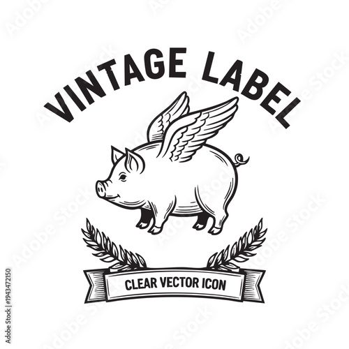 A vintage label illustration depicts a flying pig with wings and a banner.