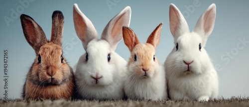 Adorable Group of Four Bunnies Seated Together Against a Soft Blue Sky
