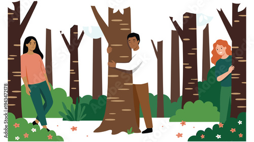 People interacting in barren woodland with dead trees and dry ground