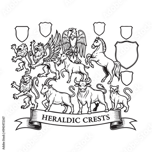 Heraldic crest coat of arms features various animals and shields in an illustration.
