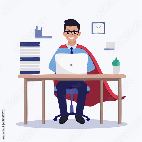 Man wearing cape works at desk job using laptop during daytime