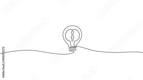 Continuous line brain inside light bulb illustration in minimal outline style, creativity and innovation concept vector.