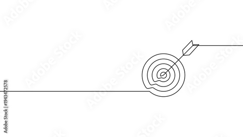 Continuous line arrow hitting target illustration in minimal outline style, success and goal achievement concept vector.
