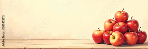 Ultra wide illustration of a pile of fresh apples arranged on the right side with soft watercolor background and large copy space, ideal for healthy food ads, menus, and header banners