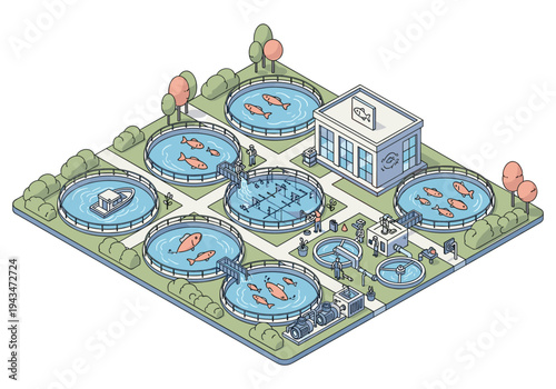 Modern fish farm with circular tanks and aquaculture facility in isometric view
