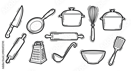 Kitchen and Cooking Tool Icon Set — Chef Knife, Frying Pan, Cooking Pot, Whisk, Pot with Lid, Rolling Pin, Grater, Ladle, Mixing Bowl, Spatula Line Art