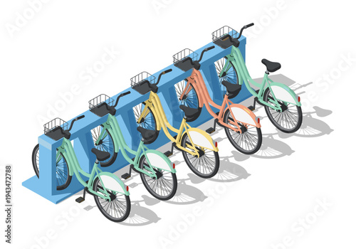 Row of colorful bicycles parked in a blue bike rack, isometric view