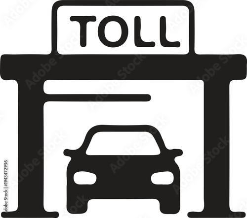 Black and white icon of a car passing through a toll booth on a highway road