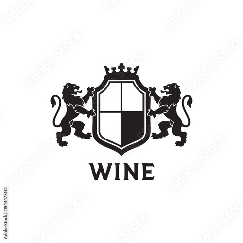Trendy hipster logo design features wine shield crest with lion supporters and crown