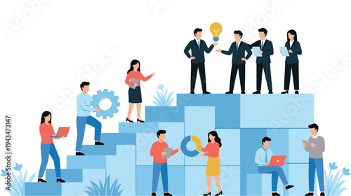 Business team collaborating on corporate growth strategy steps vector