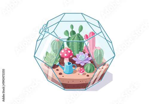 Cute geometric terrarium with various succulents, cacti, and decorative mushrooms