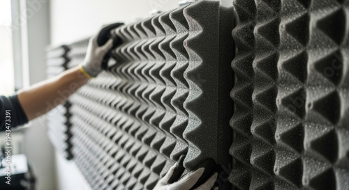 A person in gloves positions soundproof panels on a wall, showcasing a modern studio setup for optimal audio quality.