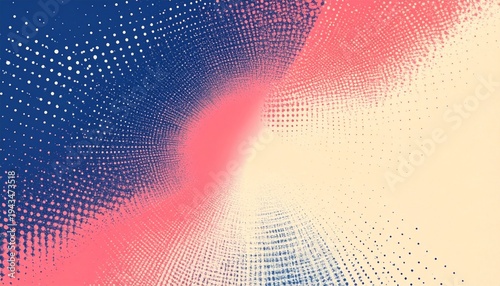 Abstract halftone gradient in risograph style, smooth radial dot transitions. Analog riso print texture for typography backgrounds