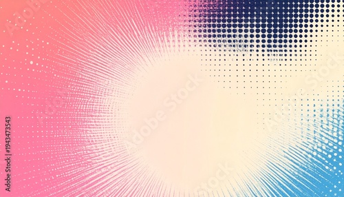 Abstract halftone gradient in risograph style, smooth radial dot transitions. Analog riso print texture for typography backgrounds