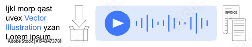 Education materials, digital resources, file sharing, invoice processing, audio marketing, automation. Blue play button surrounded by waveforms, invoice sheet and download box. Education