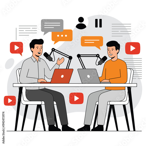 Two podcasters recording live show with microphones and laptops vector