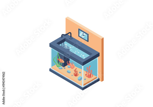 Isometric aquarium with a single clownfish and aquatic plants, mounted on a wall