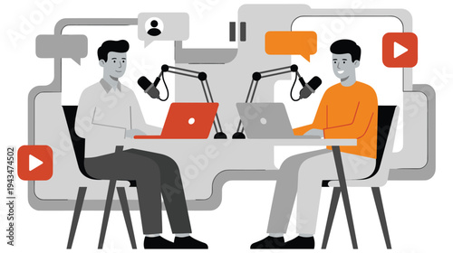 Monochrome broadcast studio scene with orange accent color podcasters