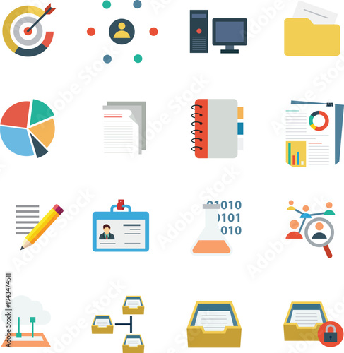 Office Management and Business Workflow Flat Icon Set with Target Charts Documents Computer Folder Analytics Team and Security Vector Illustration