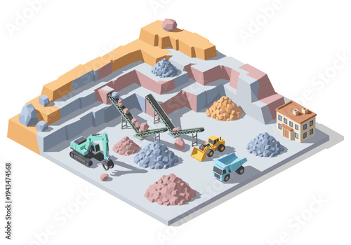 Isometric quarry with heavy machinery, conveyor belts, and piles of extracted materials