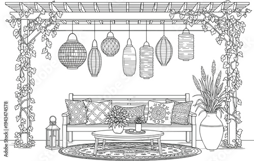 Outdoor patio with hanging lanterns and furniture couch coffee table