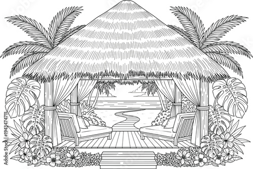 Tropical beach hut with two lounge chairs and palm trees