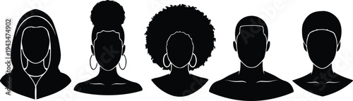 Vector illustration set of black and white shoes and footprints featuring human profile avatars and business person silhouettes in a social icon design