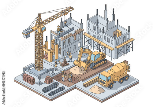 Construction site with workers, crane, excavator, and cement mixer building structures