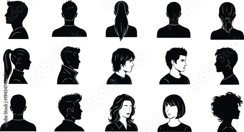 Set of black vector silhouettes featuring a diverse group of women and men icons for social media profile avatars and business user person signs