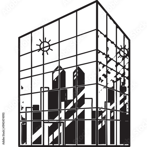 Modern Glass Skyscraper Reflecting City Skyline and Sun in Black and White