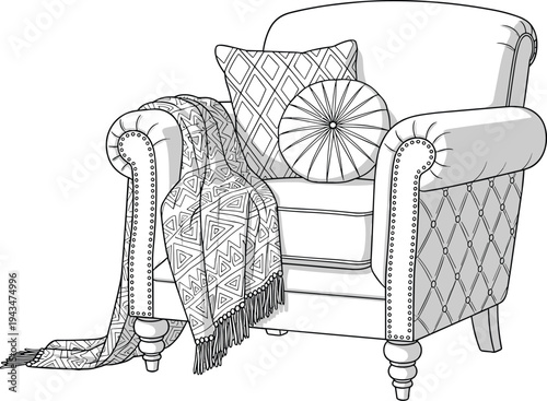 Upholstered armchair with throw blanket and pillows upholstered chair furniture