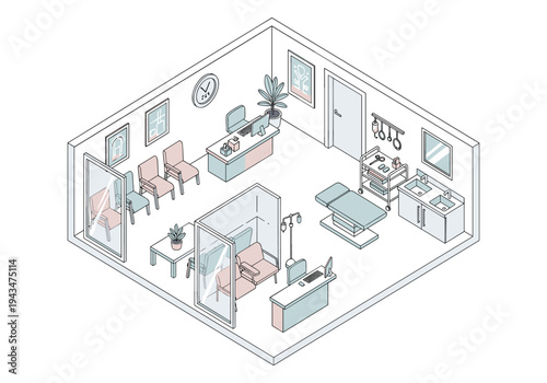 Isometric medical clinic interior with waiting area, examination room, and reception desk