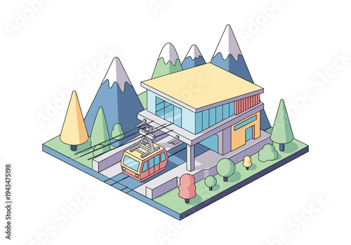 Isometric cable car station with mountains and trees in a minimalist flat design style