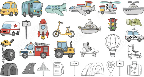 Vector illustration set of gardening and construction tools featuring a cartoon transport collection with car truck bus and plane icons for travel and vehicle design signs