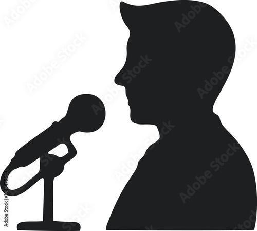 simple silhouette of man with microphone podcast monolog or dialog