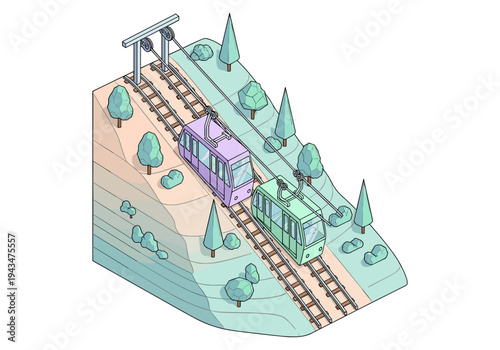 Two colorful cable cars ascend a steep mountain track in a charming isometric illustration