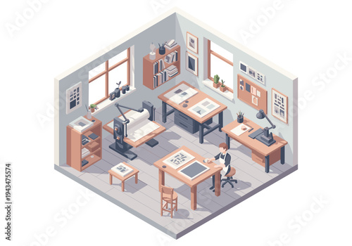 Isometric art studio with printing press and artist working at desk