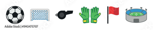 Set of colorful soccer icons including a ball, goal, whistle, gloves, flag, and stadium, representing various elements of a football match in a flat vector illustration style