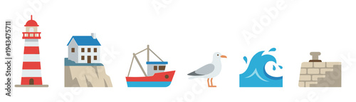 Collection of nautical and maritime flat icons featuring a striped lighthouse, house on a cliff, fishing trawler, seagull, ocean wave, and a stone pier with a bollard