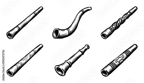 Collection of six hand-drawn didgeridoo wind instruments in a vintage sketch style, featuring various traditional aboriginal patterns, carvings, and unique shapes in monochrome