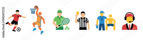 Colorful set of flat sports icons depicting various athletic activities and professions like soccer, basketball, tennis, a referee, a coach, and a commentator