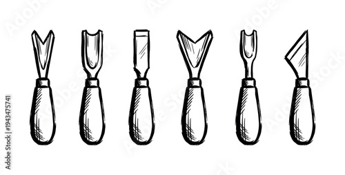 Collection of six wood carving tools with different blade shapes, presented as a hand-drawn black and white sketch style illustration for woodworking and craft concepts