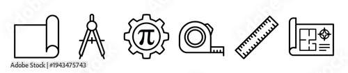 Black line art icons for engineering and architecture, a minimalist collection featuring a blueprint, compass, gear with pi symbol, tape measure, ruler, and floor plan